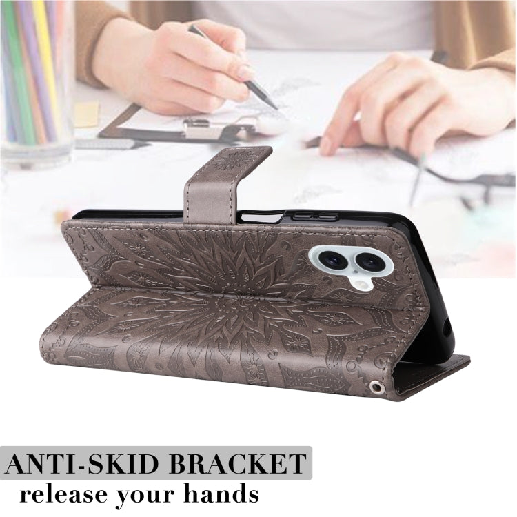 For iPhone 16 Plus Embossed Sunflower Pattern Flip Leather Phone Case