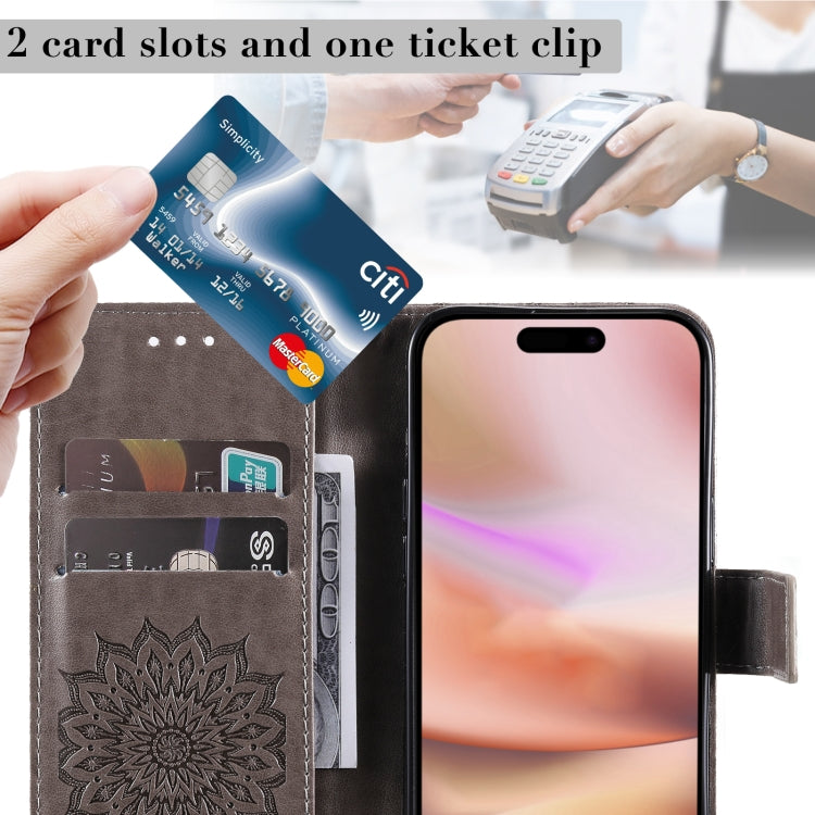 For iPhone 16 Plus Embossed Sunflower Pattern Flip Leather Phone Case