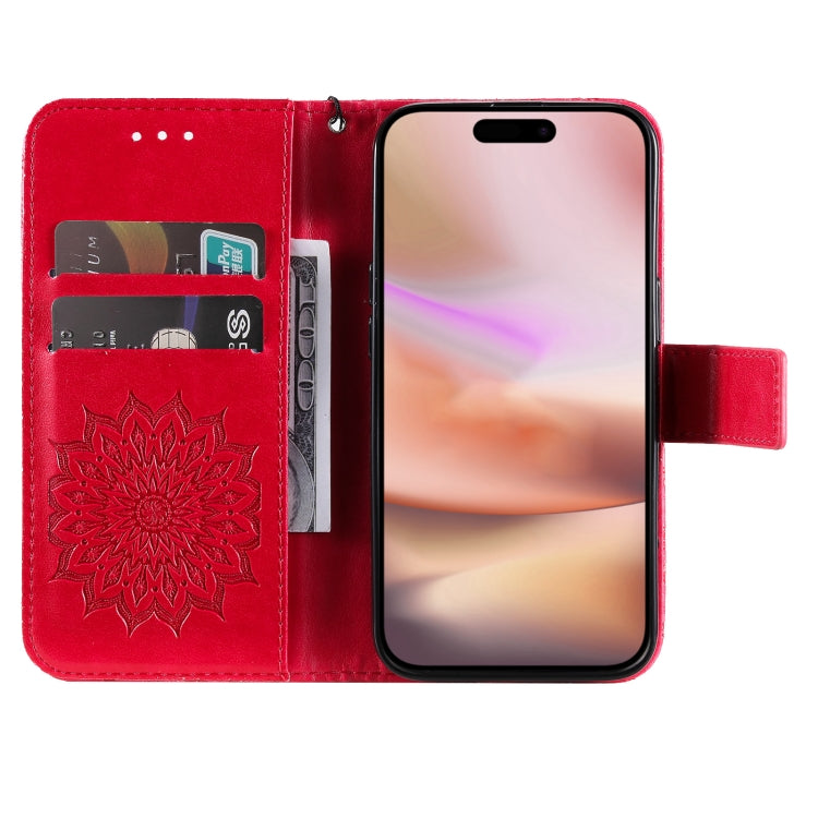 For iPhone 16 Plus Embossed Sunflower Pattern Flip Leather Phone Case