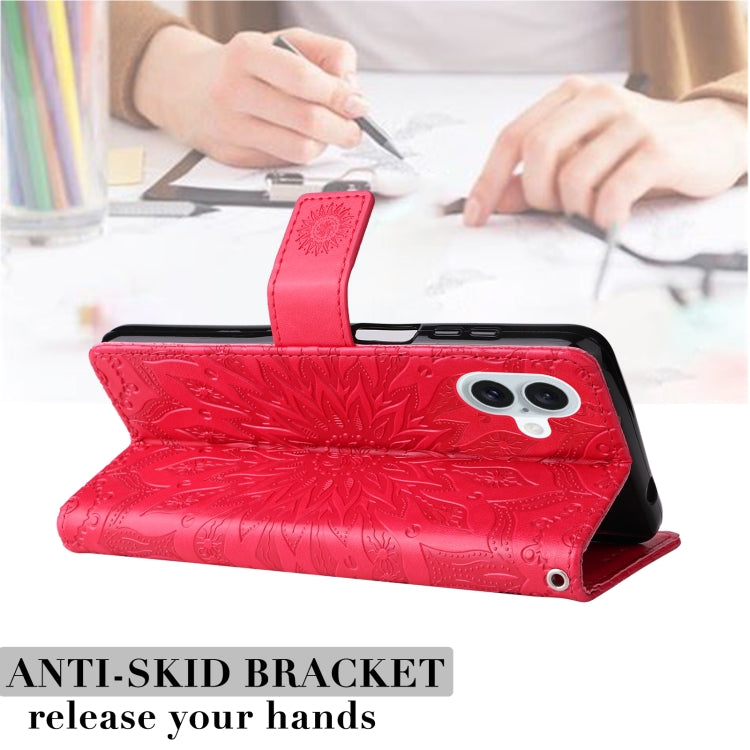 For iPhone 16 Plus Embossed Sunflower Pattern Flip Leather Phone Case