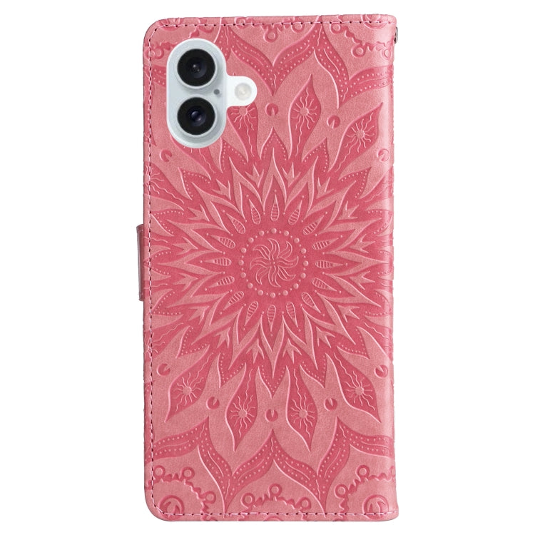 For iPhone 16 Plus Embossed Sunflower Pattern Flip Leather Phone Case
