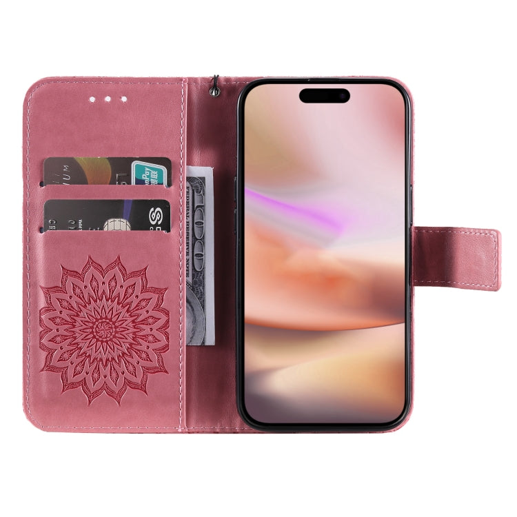 For iPhone 16 Plus Embossed Sunflower Pattern Flip Leather Phone Case