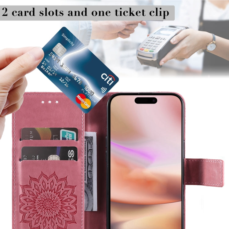 For iPhone 16 Plus Embossed Sunflower Pattern Flip Leather Phone Case