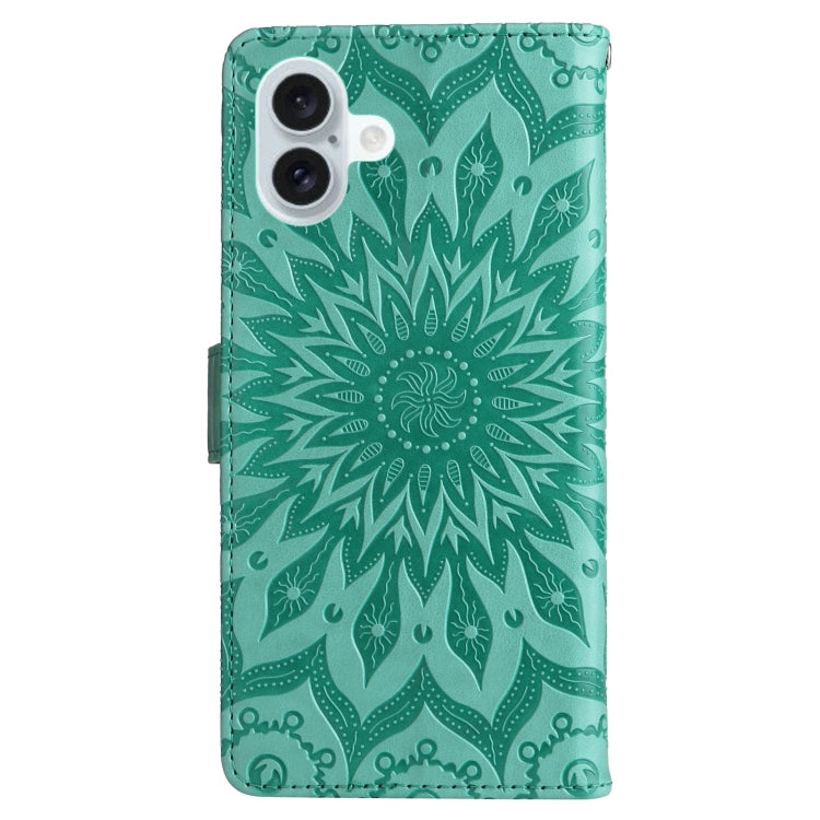 For iPhone 16 Plus Embossed Sunflower Pattern Flip Leather Phone Case