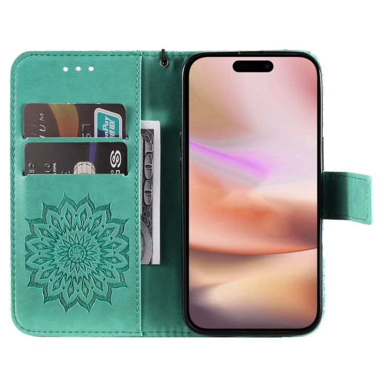 For iPhone 16 Plus Embossed Sunflower Pattern Flip Leather Phone Case