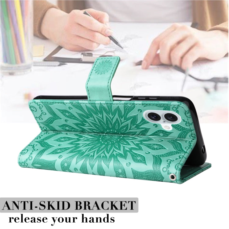 For iPhone 16 Plus Embossed Sunflower Pattern Flip Leather Phone Case