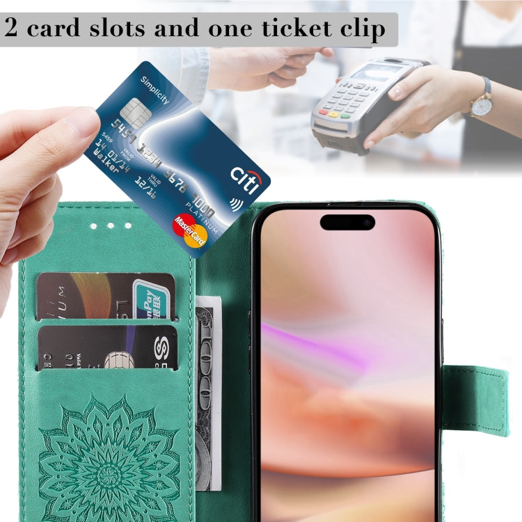 For iPhone 16 Plus Embossed Sunflower Pattern Flip Leather Phone Case