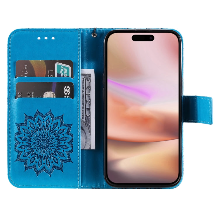 For iPhone 16 Plus Embossed Sunflower Pattern Flip Leather Phone Case