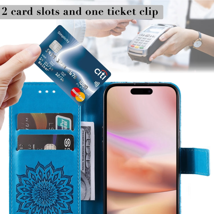 For iPhone 16 Plus Embossed Sunflower Pattern Flip Leather Phone Case