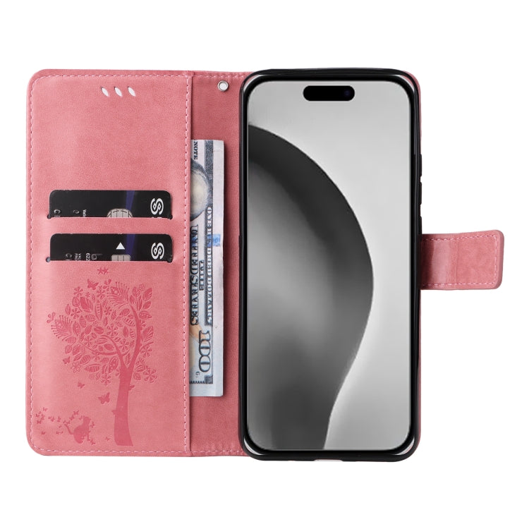 For iPhone 16 Pro Max Tree & Cat Embossed Pattern Flip Leather Phone Case
