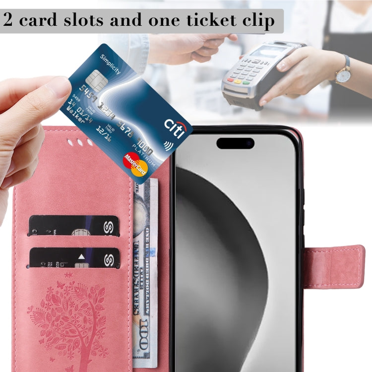 For iPhone 16 Pro Max Tree & Cat Embossed Pattern Flip Leather Phone Case