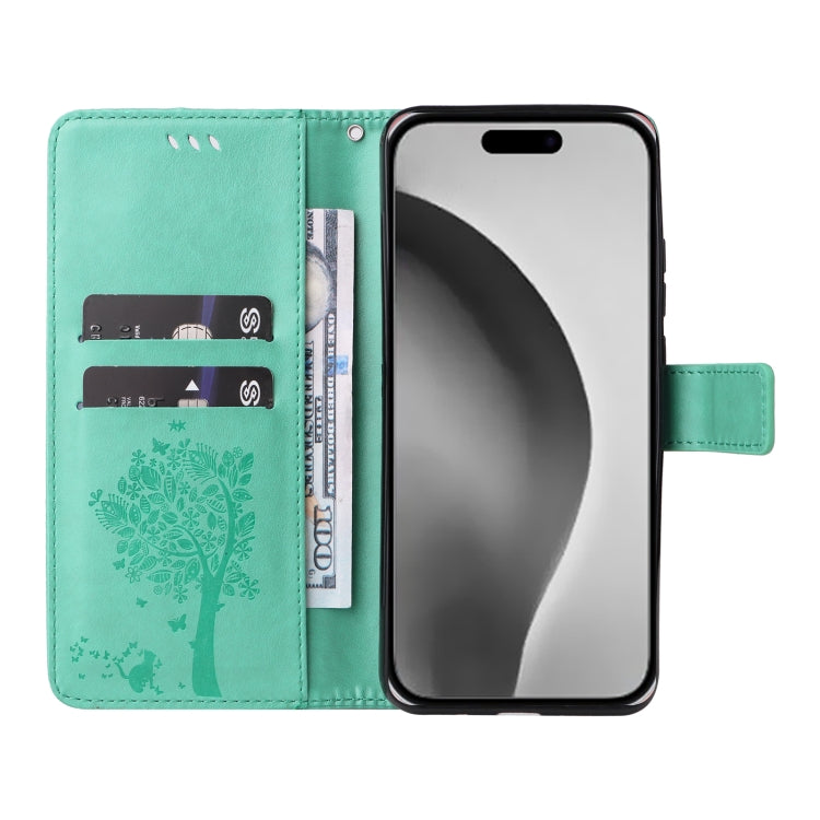 For iPhone 16 Pro Max Tree & Cat Embossed Pattern Flip Leather Phone Case