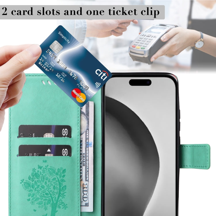For iPhone 16 Pro Max Tree & Cat Embossed Pattern Flip Leather Phone Case