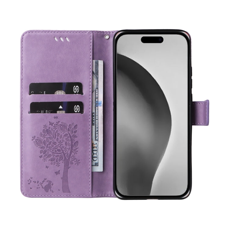 For iPhone 16 Pro Max Tree & Cat Embossed Pattern Flip Leather Phone Case