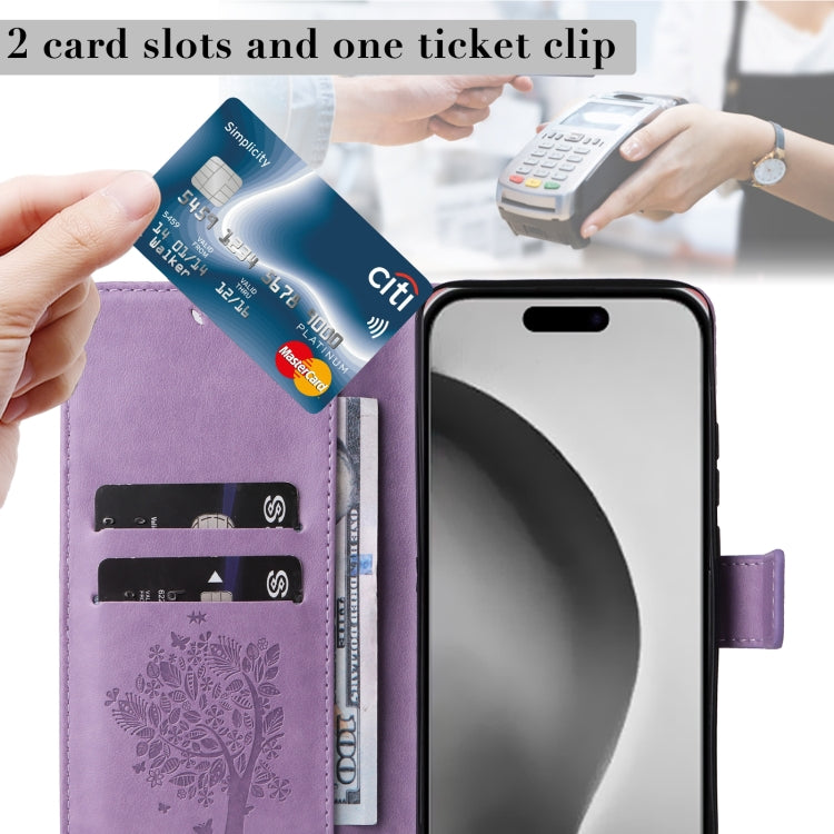 For iPhone 16 Pro Max Tree & Cat Embossed Pattern Flip Leather Phone Case