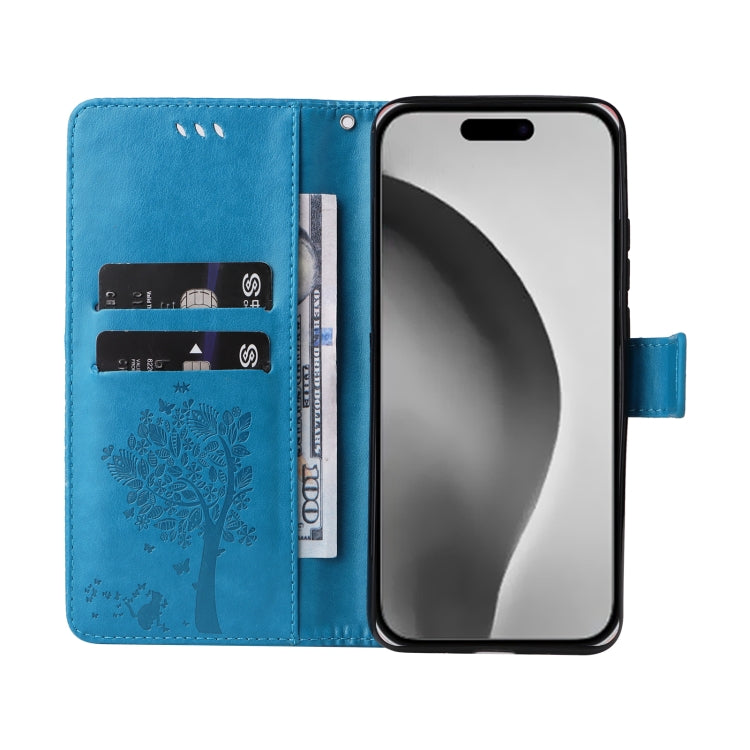 For iPhone 16 Pro Max Tree & Cat Embossed Pattern Flip Leather Phone Case