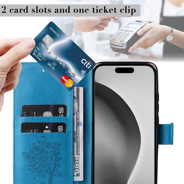 For iPhone 16 Pro Max Tree & Cat Embossed Pattern Flip Leather Phone Case
