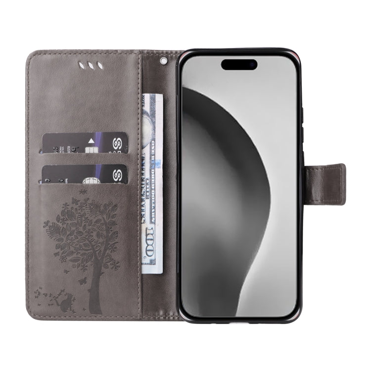 For iPhone 16 Pro Max Tree & Cat Embossed Pattern Flip Leather Phone Case