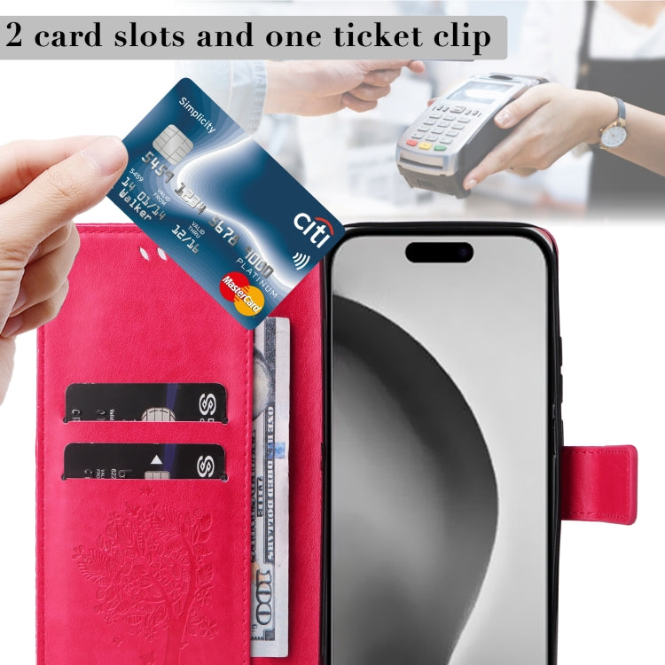 For iPhone 16 Pro Max Tree & Cat Embossed Pattern Flip Leather Phone Case