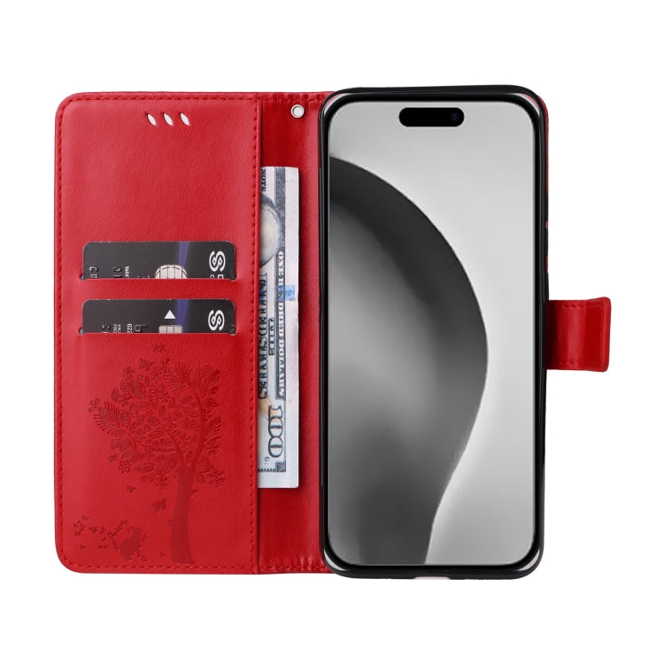 For iPhone 16 Pro Max Tree & Cat Embossed Pattern Flip Leather Phone Case