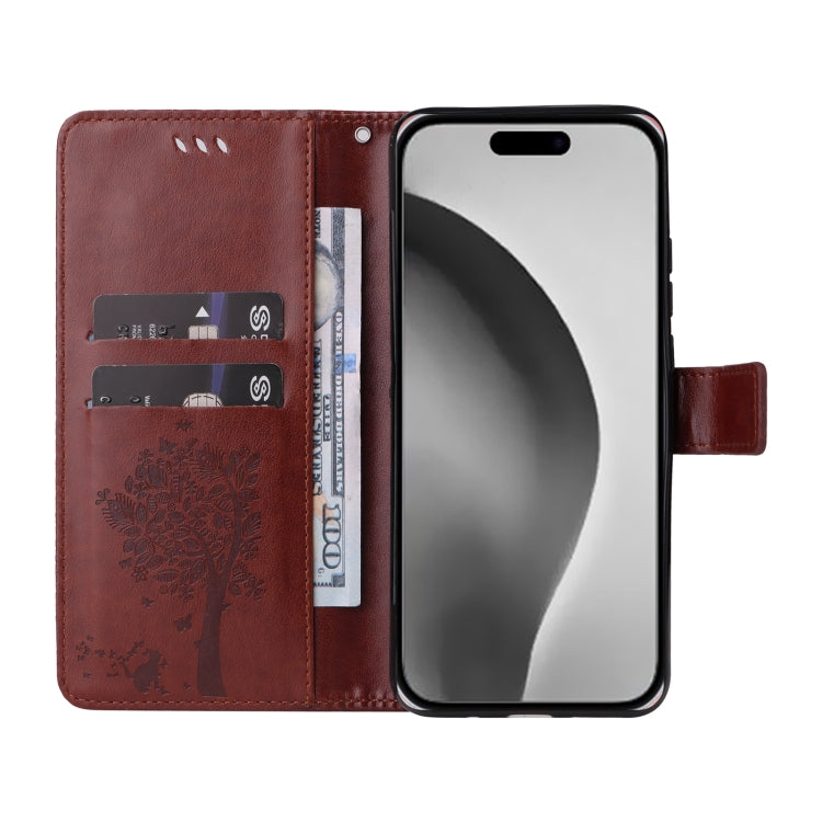 For iPhone 16 Pro Max Tree & Cat Embossed Pattern Flip Leather Phone Case