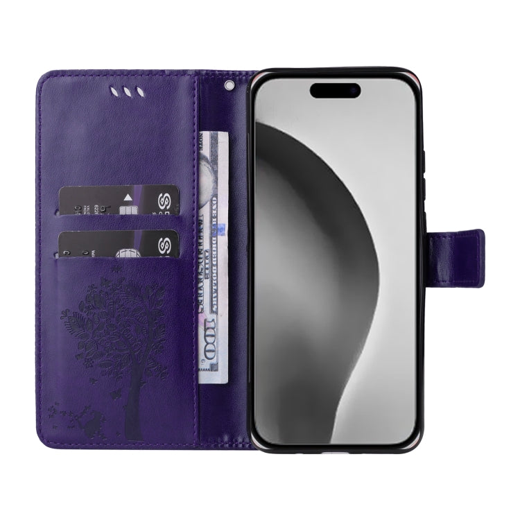 For iPhone 16 Pro Max Tree & Cat Embossed Pattern Flip Leather Phone Case
