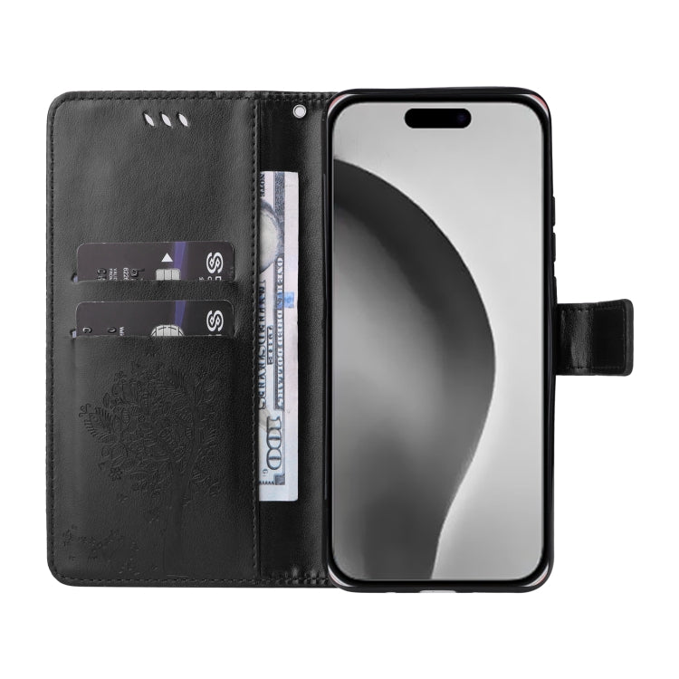 For iPhone 16 Pro Max Tree & Cat Embossed Pattern Flip Leather Phone Case