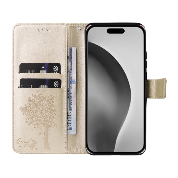 For iPhone 16 Pro Max Tree & Cat Embossed Pattern Flip Leather Phone Case