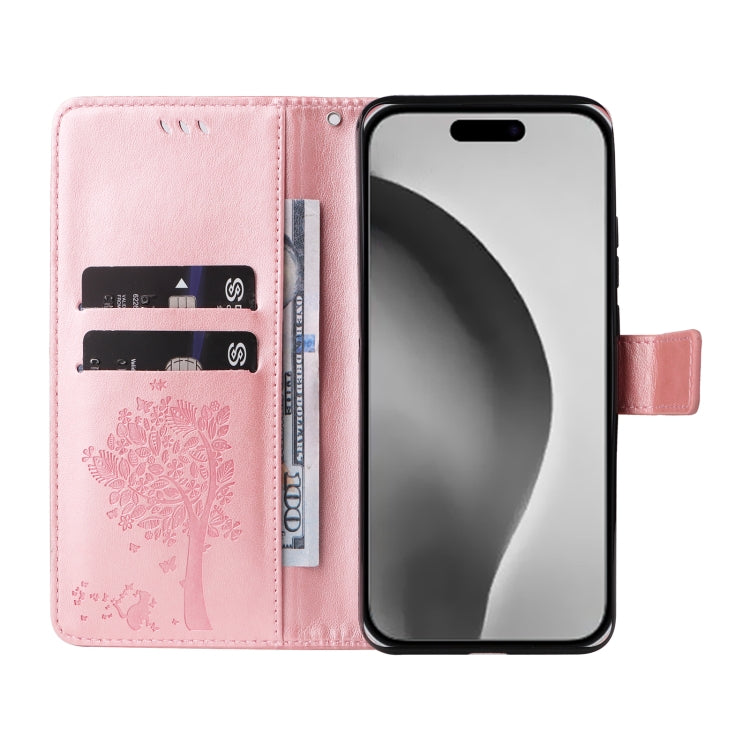 For iPhone 16 Pro Max Tree & Cat Embossed Pattern Flip Leather Phone Case