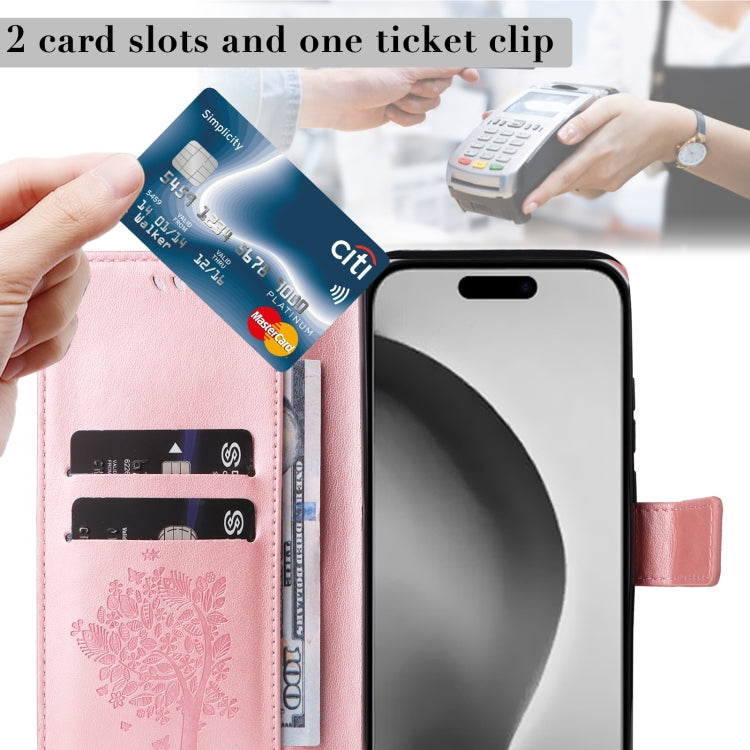 For iPhone 16 Pro Max Tree & Cat Embossed Pattern Flip Leather Phone Case