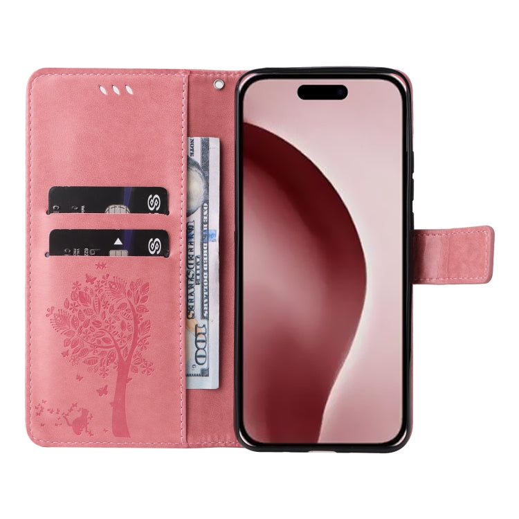 For iPhone 16 Pro Tree & Cat Embossed Pattern Flip Leather Phone Case