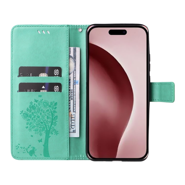 For iPhone 16 Pro Tree & Cat Embossed Pattern Flip Leather Phone Case