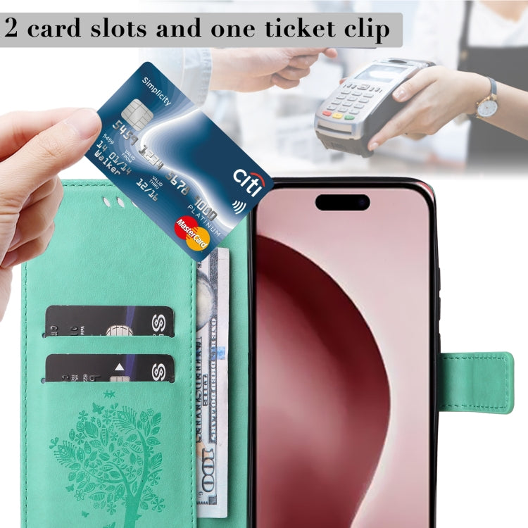 For iPhone 16 Pro Tree & Cat Embossed Pattern Flip Leather Phone Case