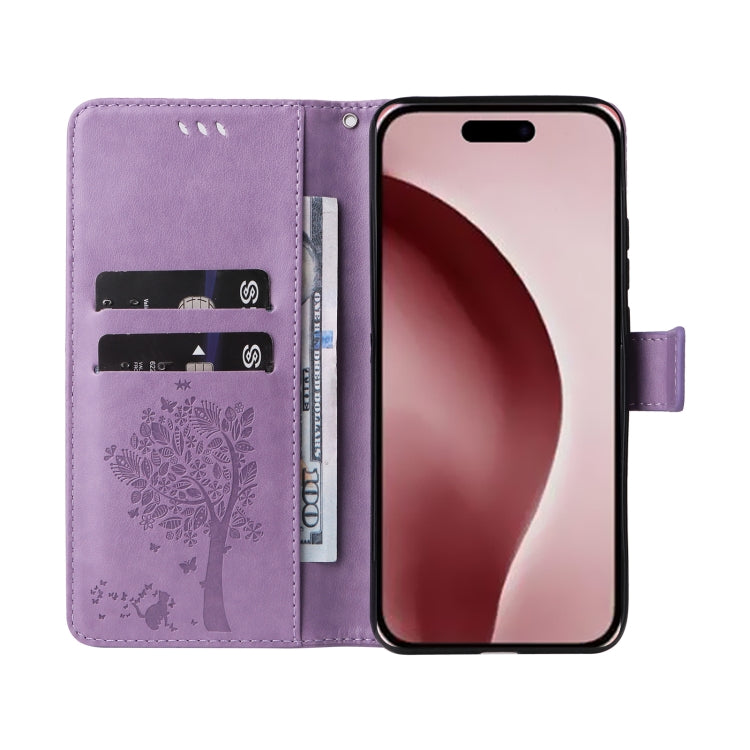 For iPhone 16 Pro Tree & Cat Embossed Pattern Flip Leather Phone Case