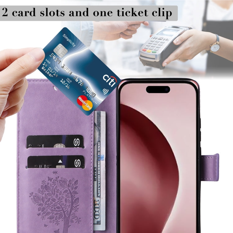 For iPhone 16 Pro Tree & Cat Embossed Pattern Flip Leather Phone Case