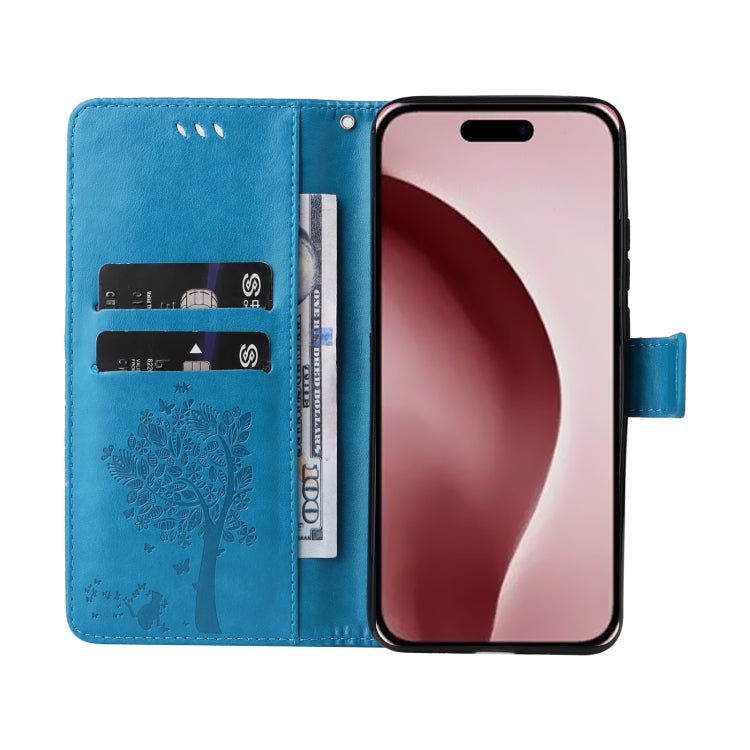 For iPhone 16 Pro Tree & Cat Embossed Pattern Flip Leather Phone Case