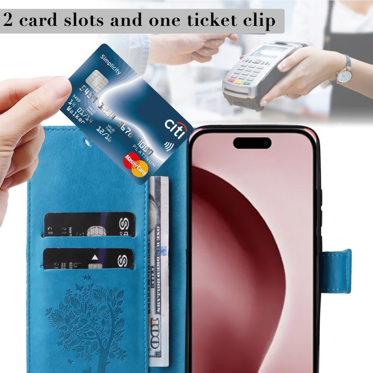 For iPhone 16 Pro Tree & Cat Embossed Pattern Flip Leather Phone Case