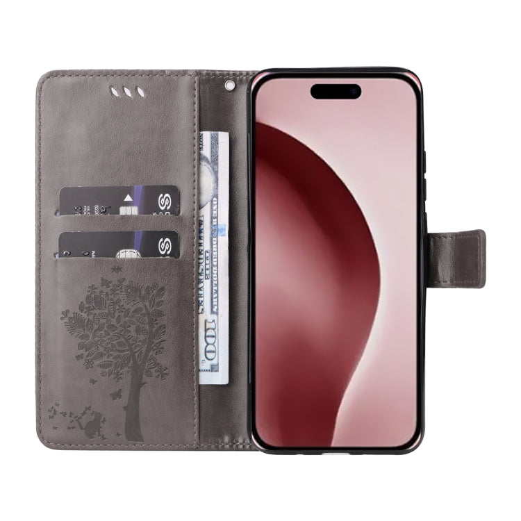 For iPhone 16 Pro Tree & Cat Embossed Pattern Flip Leather Phone Case