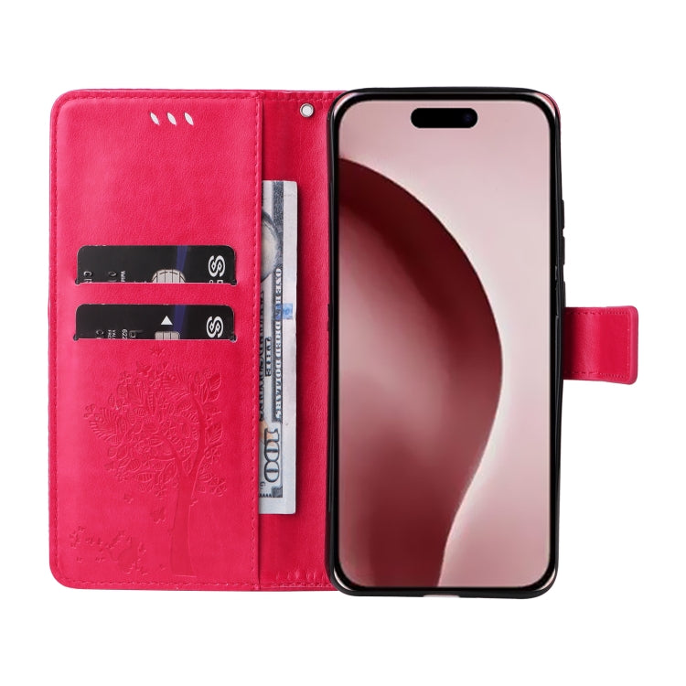 For iPhone 16 Pro Tree & Cat Embossed Pattern Flip Leather Phone Case