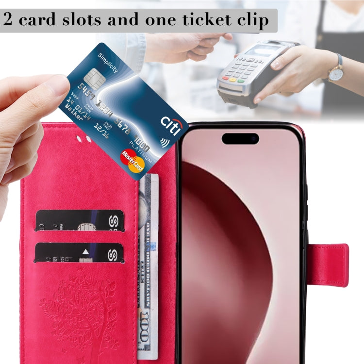 For iPhone 16 Pro Tree & Cat Embossed Pattern Flip Leather Phone Case
