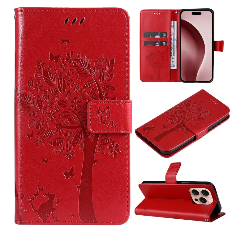 For iPhone 16 Pro Tree & Cat Embossed Pattern Flip Leather Phone Case