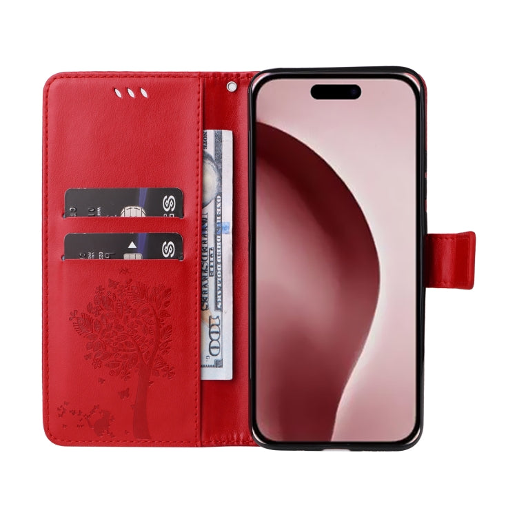 For iPhone 16 Pro Tree & Cat Embossed Pattern Flip Leather Phone Case