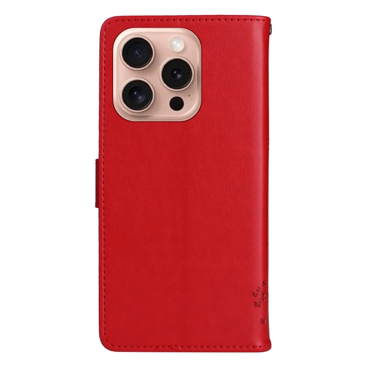 For iPhone 16 Pro Tree & Cat Embossed Pattern Flip Leather Phone Case