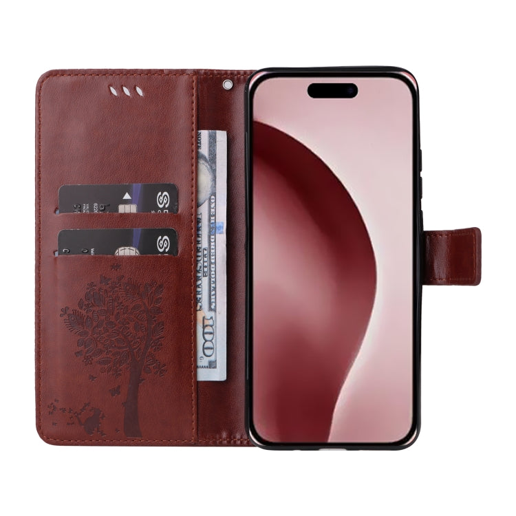 For iPhone 16 Pro Tree & Cat Embossed Pattern Flip Leather Phone Case