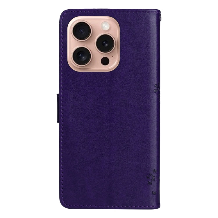 For iPhone 16 Pro Tree & Cat Embossed Pattern Flip Leather Phone Case
