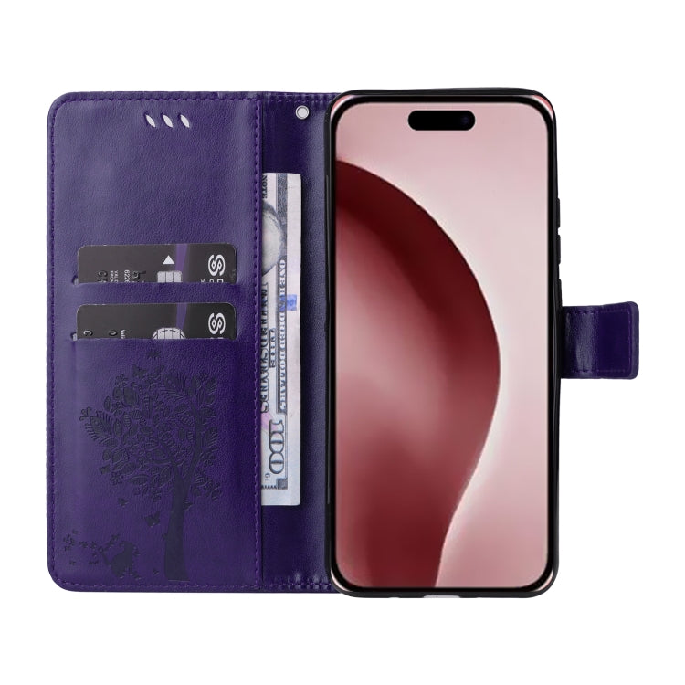 For iPhone 16 Pro Tree & Cat Embossed Pattern Flip Leather Phone Case