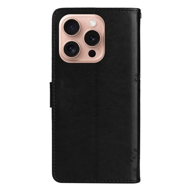 For iPhone 16 Pro Tree & Cat Embossed Pattern Flip Leather Phone Case