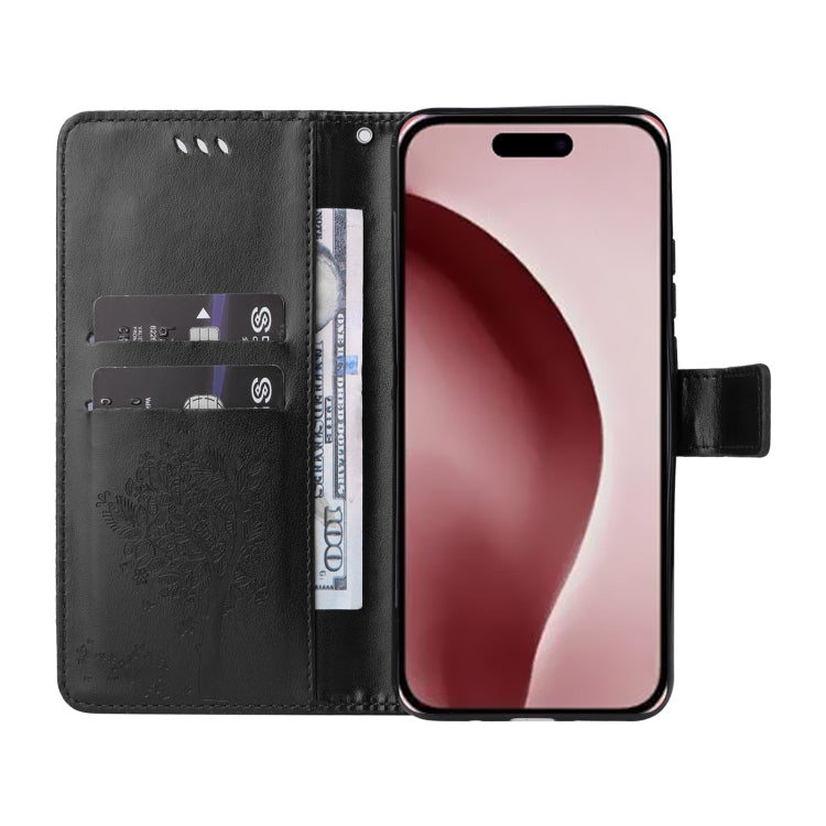 For iPhone 16 Pro Tree & Cat Embossed Pattern Flip Leather Phone Case