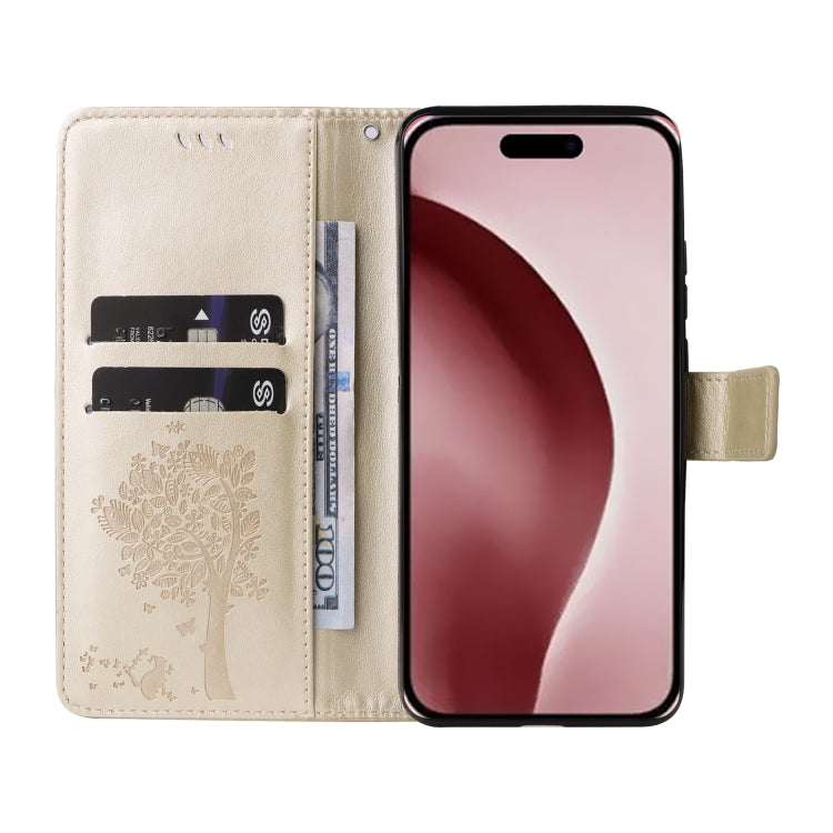 For iPhone 16 Pro Tree & Cat Embossed Pattern Flip Leather Phone Case