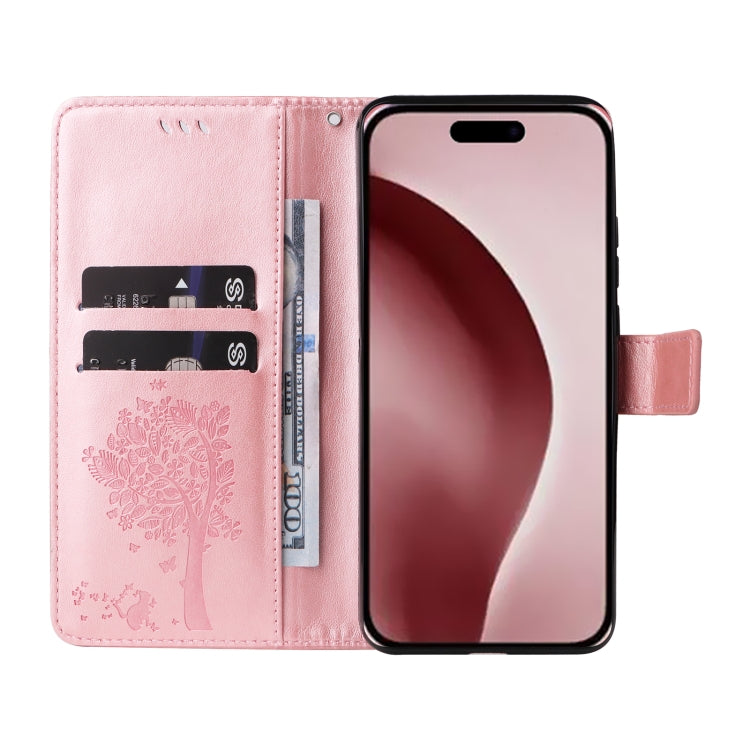For iPhone 16 Pro Tree & Cat Embossed Pattern Flip Leather Phone Case